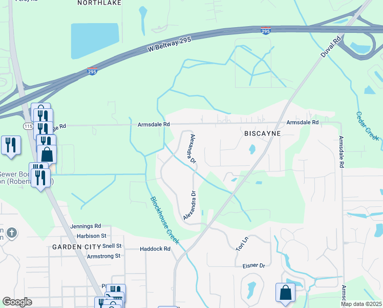 map of restaurants, bars, coffee shops, grocery stores, and more near 12034 Alexandra Drive in Jacksonville