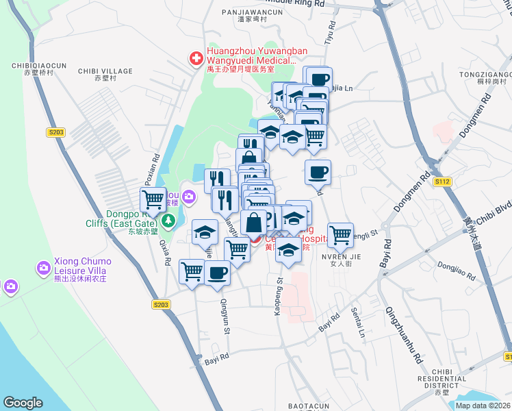 map of restaurants, bars, coffee shops, grocery stores, and more near Qi Yi Lu in Huang Gang Shi