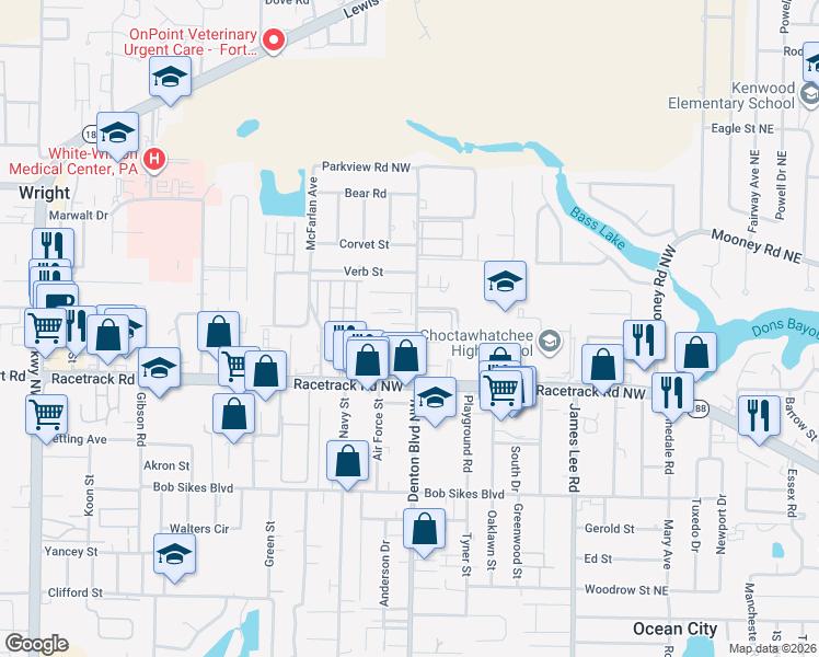 map of restaurants, bars, coffee shops, grocery stores, and more near 301 Olympia Court in Fort Walton Beach