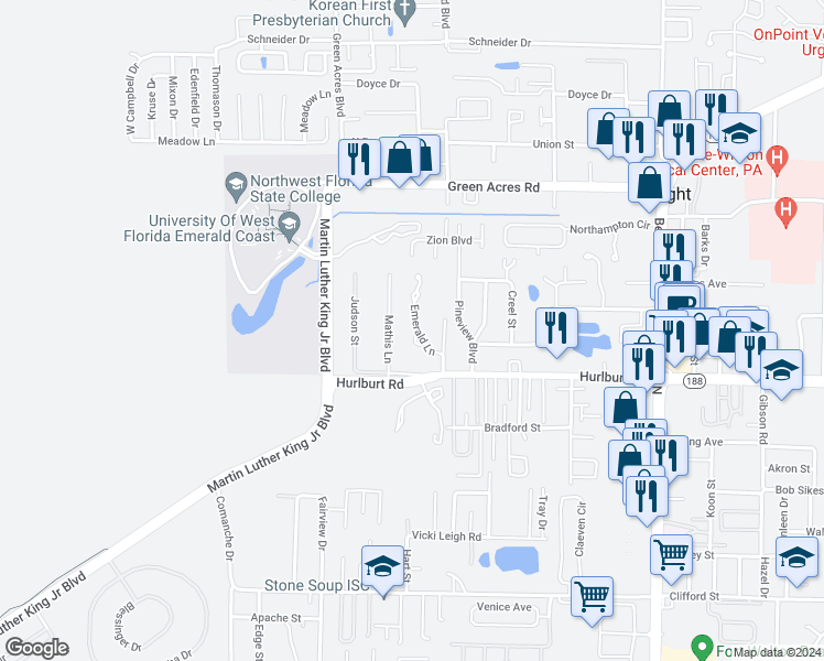 map of restaurants, bars, coffee shops, grocery stores, and more near 628 Emerald Lane in Fort Walton Beach