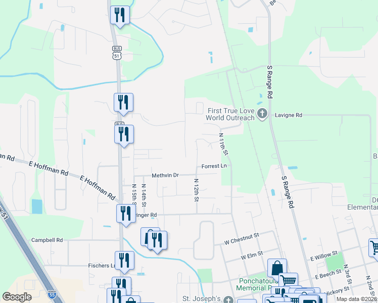 map of restaurants, bars, coffee shops, grocery stores, and more near 476 North 11th Street in Ponchatoula