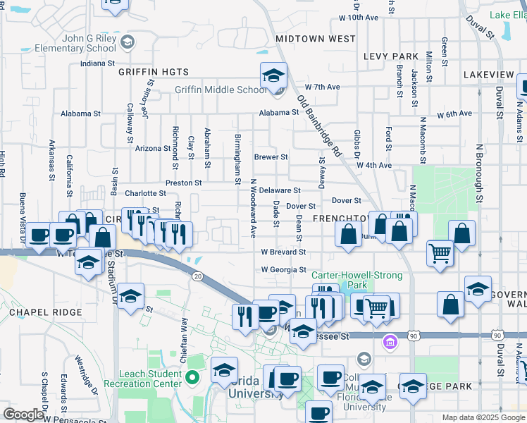 map of restaurants, bars, coffee shops, grocery stores, and more near 855 Dover Street in Tallahassee