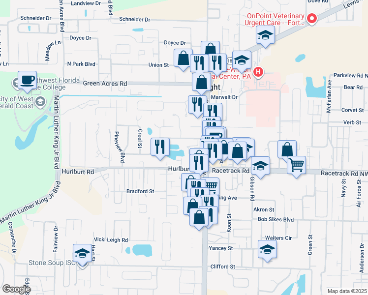 map of restaurants, bars, coffee shops, grocery stores, and more near 1034 Arthur Ashe Court in Fort Walton Beach