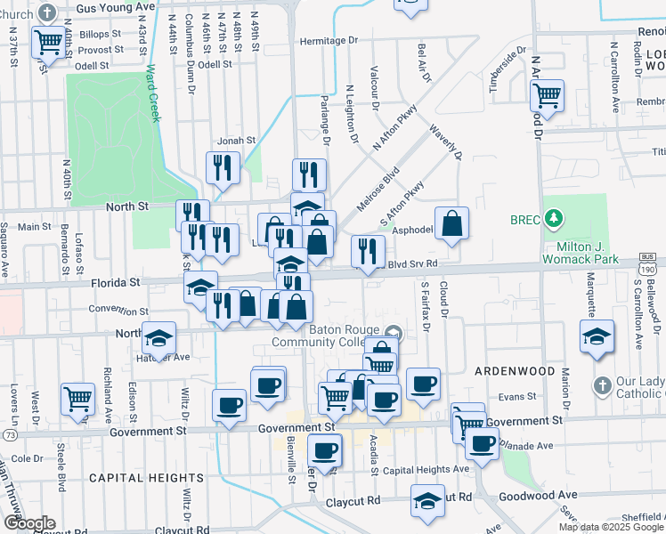 map of restaurants, bars, coffee shops, grocery stores, and more near 3021 Florida Blvd Srv Road in Baton Rouge