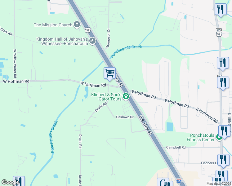 map of restaurants, bars, coffee shops, grocery stores, and more near 40490 Drude Road in Ponchatoula