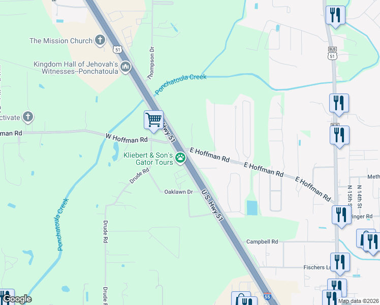 map of restaurants, bars, coffee shops, grocery stores, and more near 15412 East Hoffman Road in Ponchatoula