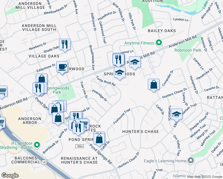 map of restaurants, bars, coffee shops, grocery stores, and more near Turtle Rock Road in Austin