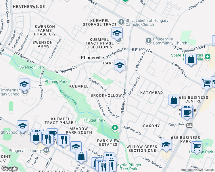 map of restaurants, bars, coffee shops, grocery stores, and more near 1104 Greenhill Drive in Pflugerville