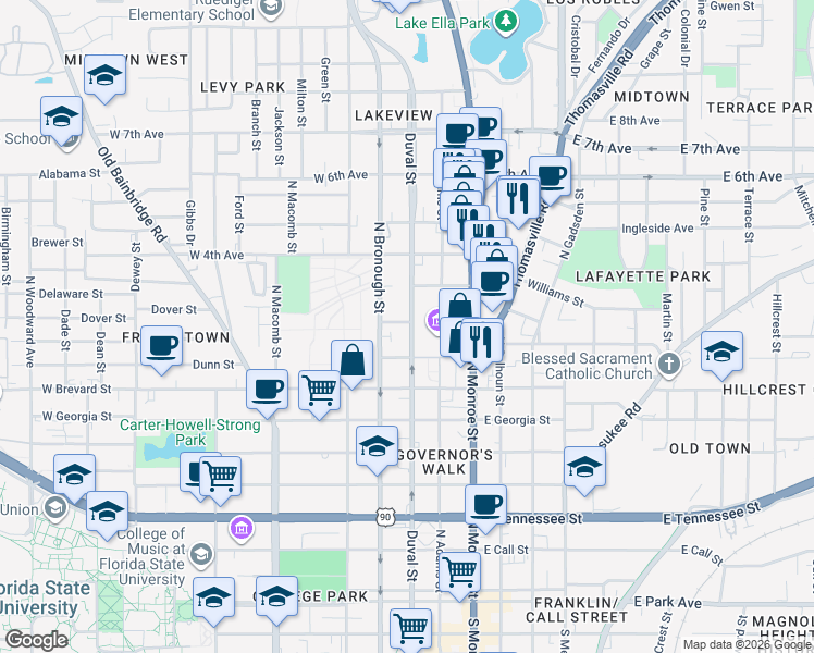 map of restaurants, bars, coffee shops, grocery stores, and more near 902 North Duval Street in Tallahassee