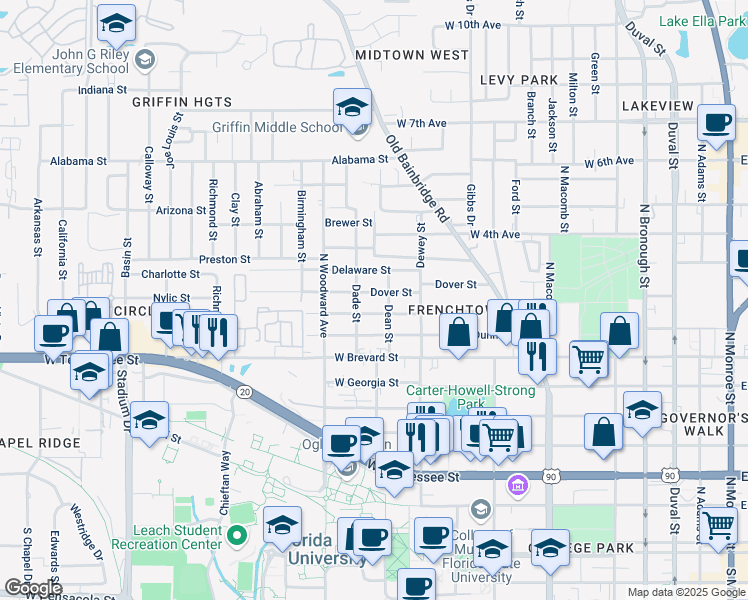 map of restaurants, bars, coffee shops, grocery stores, and more near 802 Dover Street in Tallahassee