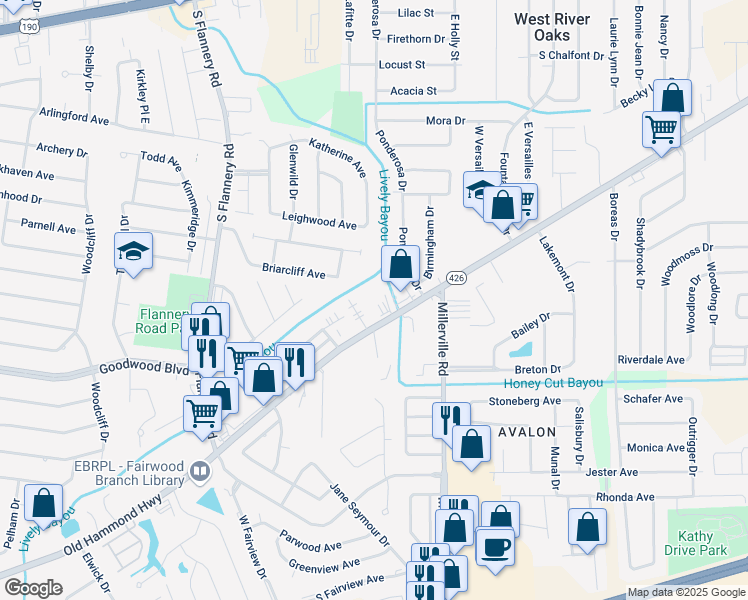 map of restaurants, bars, coffee shops, grocery stores, and more near 14333 Old Hammond Highway in Baton Rouge
