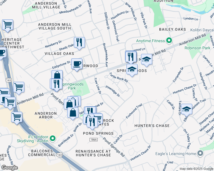 map of restaurants, bars, coffee shops, grocery stores, and more near 8810 Pineridge Drive in Austin