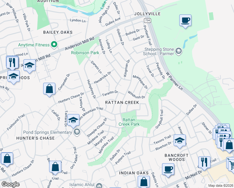 map of restaurants, bars, coffee shops, grocery stores, and more near 7802 Taranto Drive in Austin