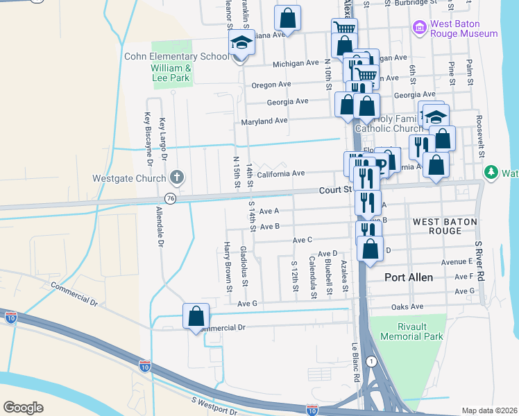 map of restaurants, bars, coffee shops, grocery stores, and more near 1343 Court Street in Port Allen