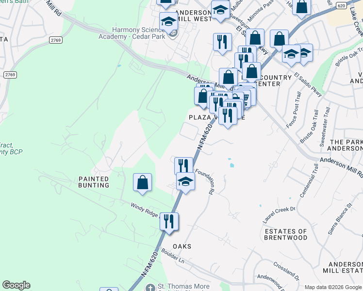 map of restaurants, bars, coffee shops, grocery stores, and more near 11200 North Ranch to Market 620 in Austin