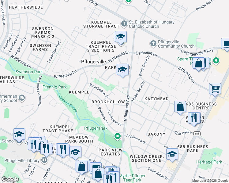 map of restaurants, bars, coffee shops, grocery stores, and more near 1104 Greenhill Drive in Pflugerville