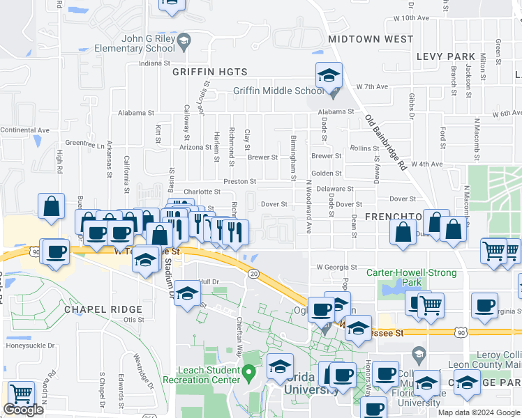 map of restaurants, bars, coffee shops, grocery stores, and more near 1049 Dover Street in Tallahassee