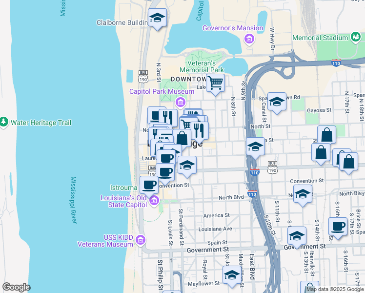 map of restaurants, bars, coffee shops, grocery stores, and more near 438 Main Street in Baton Rouge