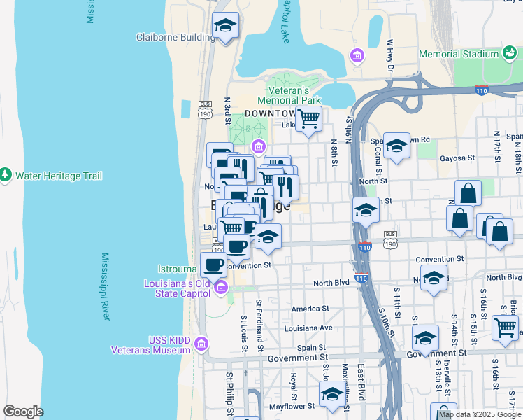 map of restaurants, bars, coffee shops, grocery stores, and more near 438 Main Street in Baton Rouge