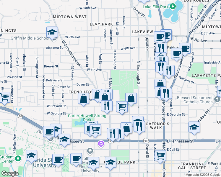 map of restaurants, bars, coffee shops, grocery stores, and more near N Macomb St & Goodbread Ln in Tallahassee