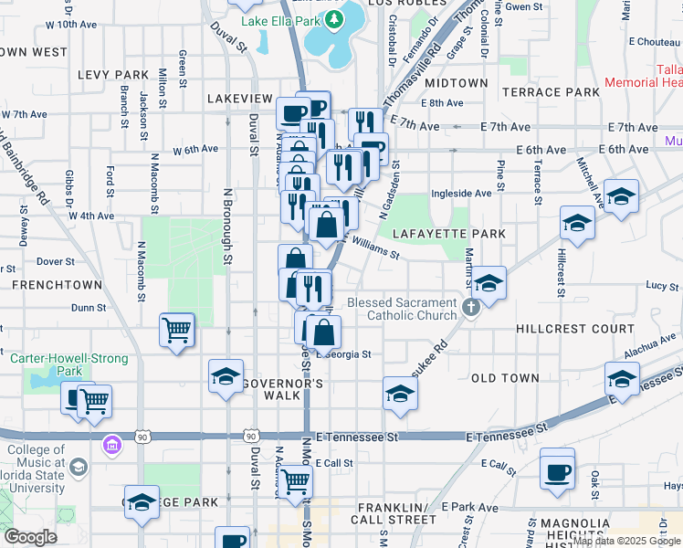 map of restaurants, bars, coffee shops, grocery stores, and more near 311 North Gadsden Street in Tallahassee