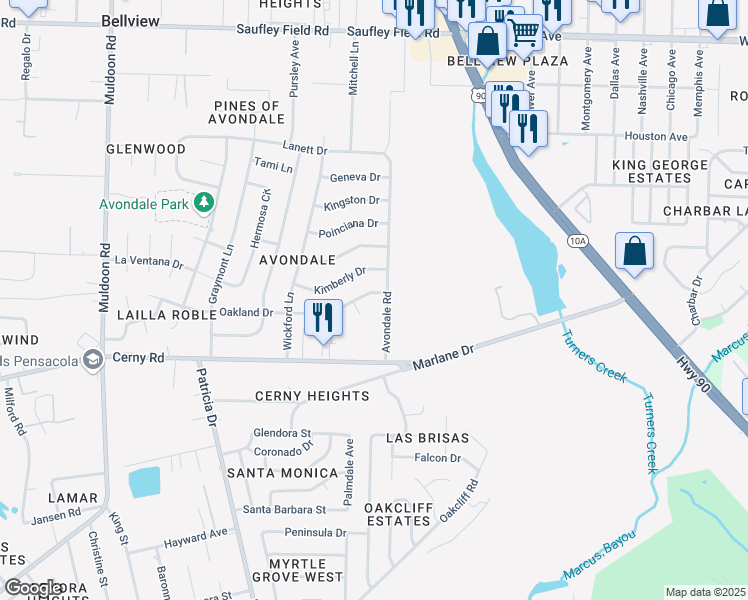 map of restaurants, bars, coffee shops, grocery stores, and more near 4653 Oakland Drive in Pensacola
