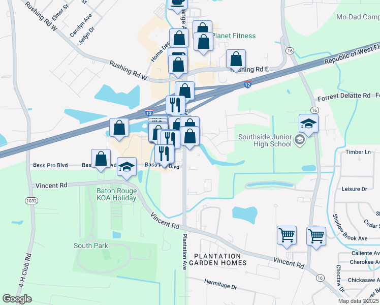 map of restaurants, bars, coffee shops, grocery stores, and more near 2626 South Range Avenue in Denham Springs