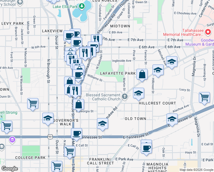 map of restaurants, bars, coffee shops, grocery stores, and more near 822 Cherry Street in Tallahassee