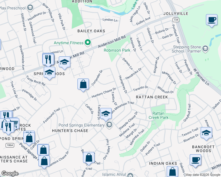 map of restaurants, bars, coffee shops, grocery stores, and more near 13014 Hunters Chase Drive in Austin
