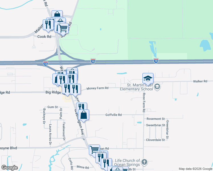 map of restaurants, bars, coffee shops, grocery stores, and more near 13500 Catalanatto Road in Ocean Springs