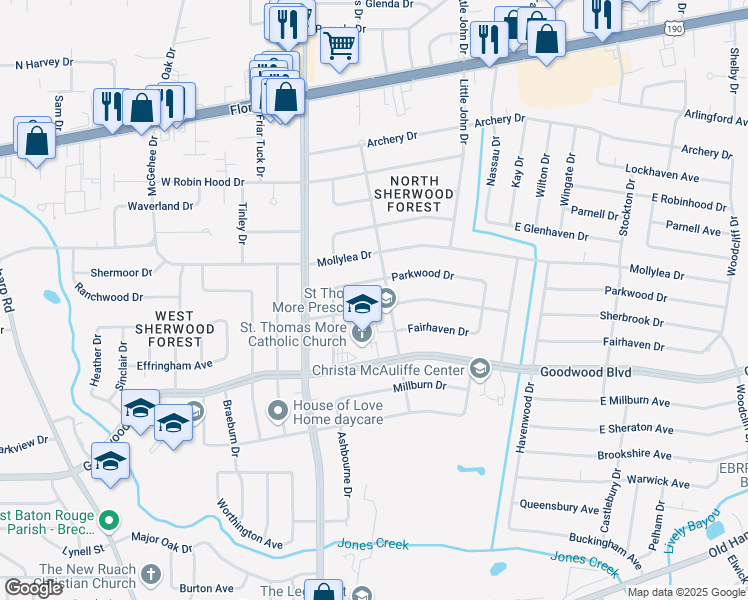 map of restaurants, bars, coffee shops, grocery stores, and more near 765 Sylvan Drive in Baton Rouge