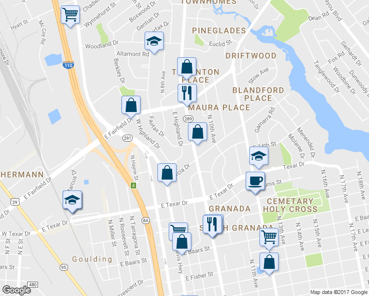 map of restaurants, bars, coffee shops, grocery stores, and more near 219 East Highland Drive in Pensacola