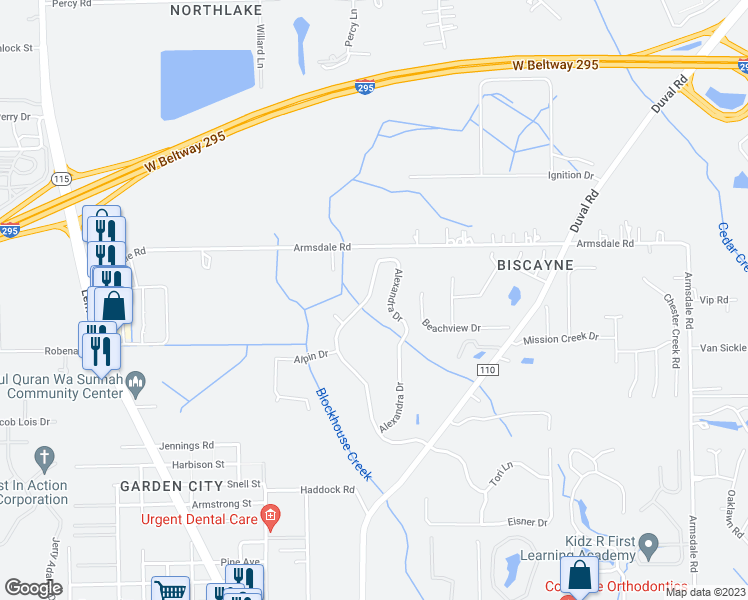 map of restaurants, bars, coffee shops, grocery stores, and more near 11895 Alexandra Drive in Jacksonville