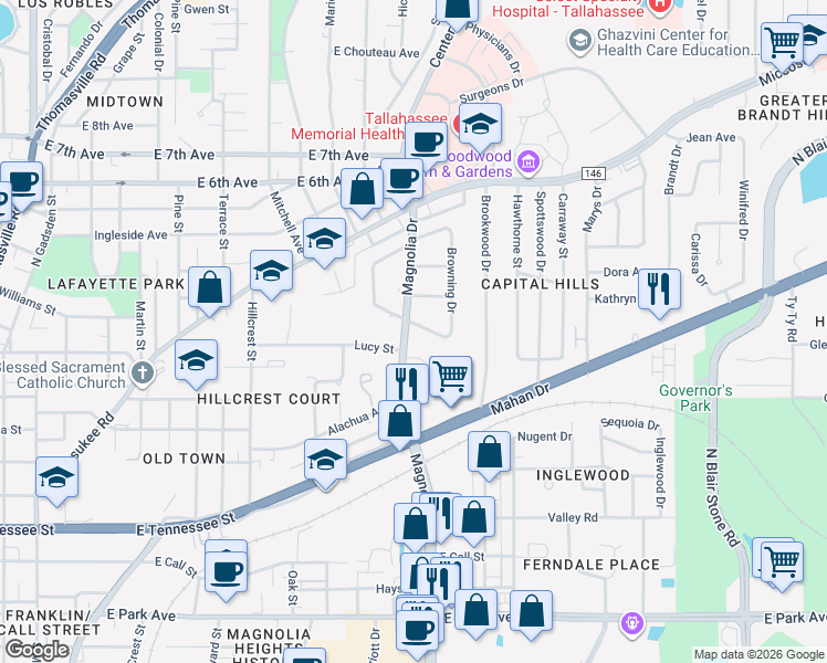 map of restaurants, bars, coffee shops, grocery stores, and more near 1403 Devils Dip in Tallahassee