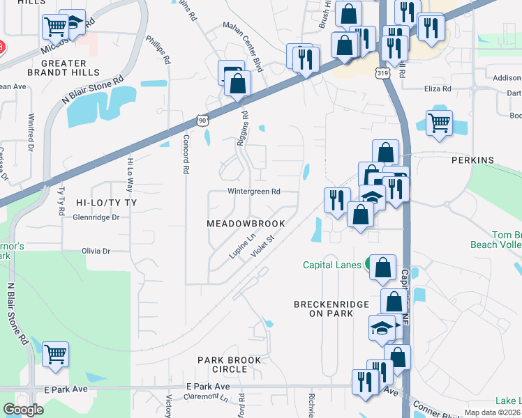 map of restaurants, bars, coffee shops, grocery stores, and more near 2513 Bluebell Place in Tallahassee