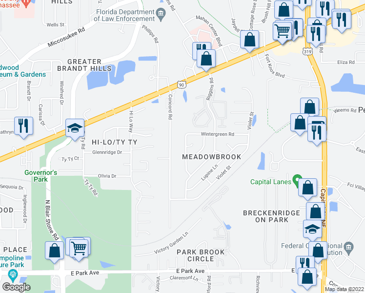 map of restaurants, bars, coffee shops, grocery stores, and more near 743 Red Fern Road in Tallahassee