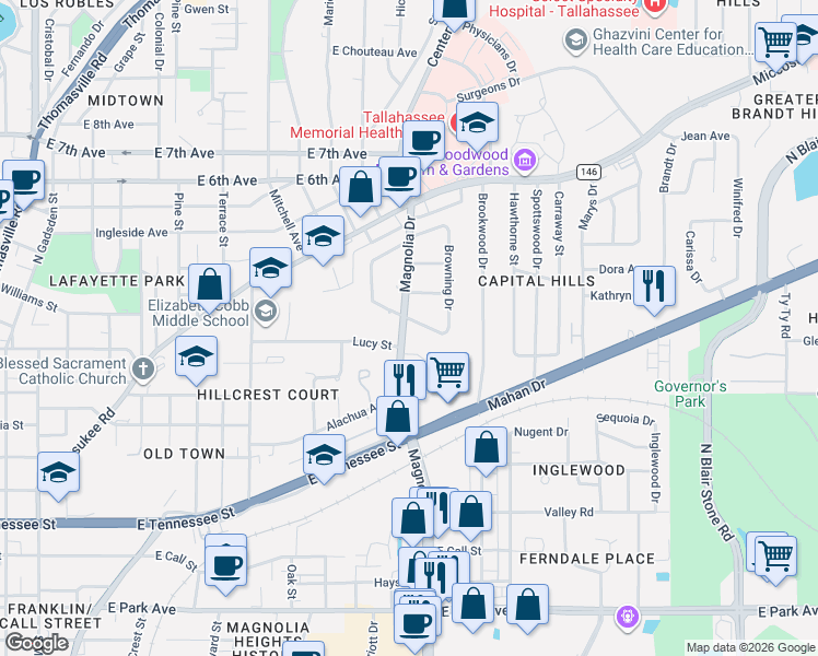 map of restaurants, bars, coffee shops, grocery stores, and more near 1403 Devils Dip in Tallahassee