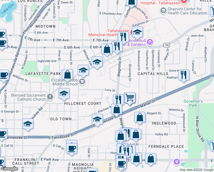 map of restaurants, bars, coffee shops, grocery stores, and more near 1205 Devils Dip in Tallahassee