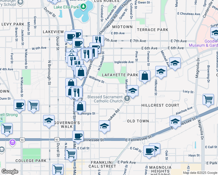 map of restaurants, bars, coffee shops, grocery stores, and more near 822 Cherry Street in Tallahassee