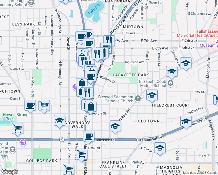 map of restaurants, bars, coffee shops, grocery stores, and more near 909 North Gadsden Street in Tallahassee