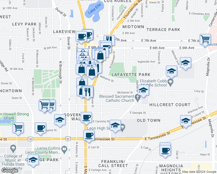 map of restaurants, bars, coffee shops, grocery stores, and more near 909 North Gadsden Street in Tallahassee