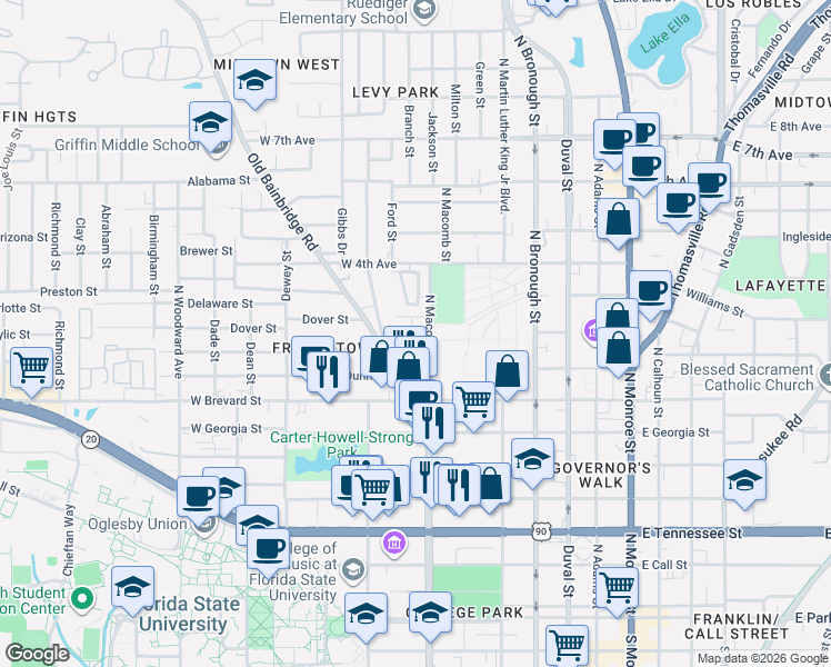 map of restaurants, bars, coffee shops, grocery stores, and more near 830 Goodbread Lane in Tallahassee
