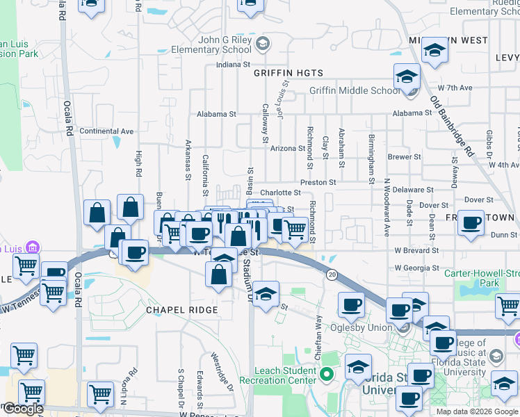 map of restaurants, bars, coffee shops, grocery stores, and more near 1414 Nylic Street in Tallahassee