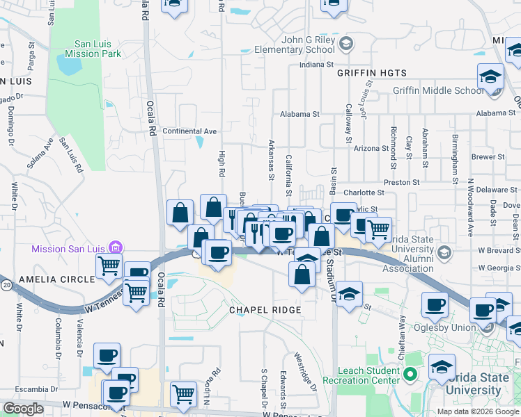 map of restaurants, bars, coffee shops, grocery stores, and more near 756 Arkansas Street in Tallahassee
