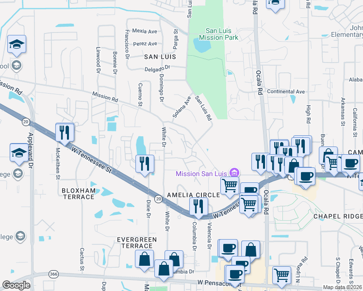 map of restaurants, bars, coffee shops, grocery stores, and more near 2277 Green Timbers Trail in Tallahassee