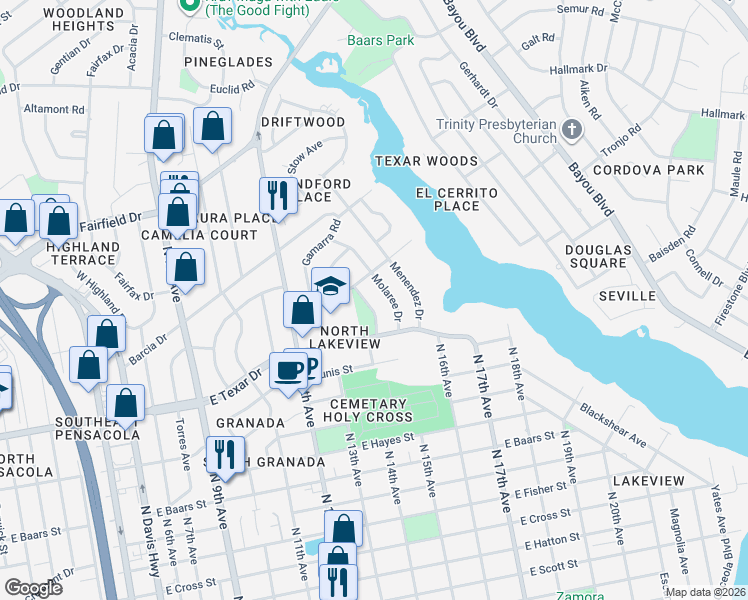 map of restaurants, bars, coffee shops, grocery stores, and more near 3640 Cortez Drive in Pensacola