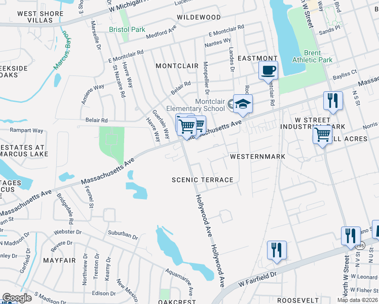 map of restaurants, bars, coffee shops, grocery stores, and more near 4301-4399 Hollywood Avenue in Pensacola
