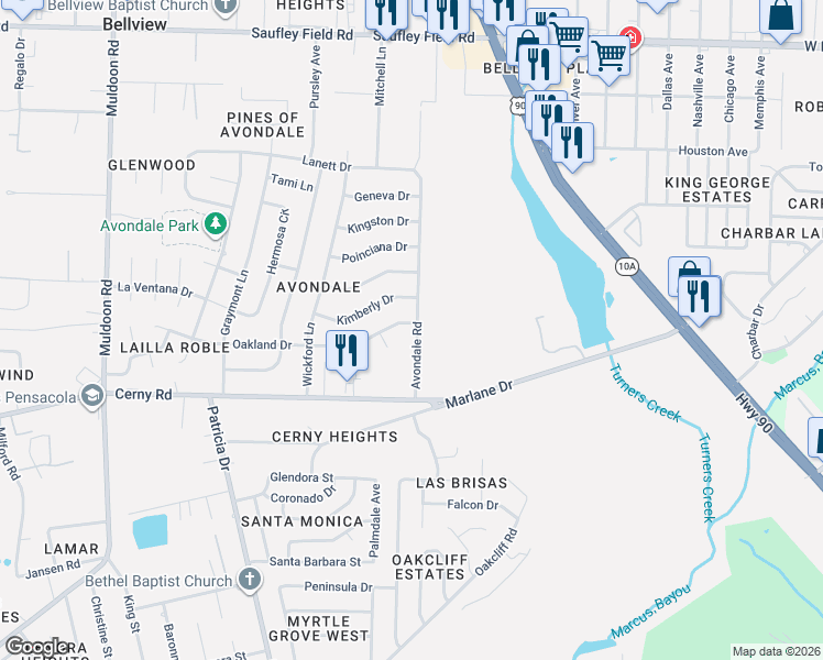 map of restaurants, bars, coffee shops, grocery stores, and more near 4653 Oakland Drive in Pensacola