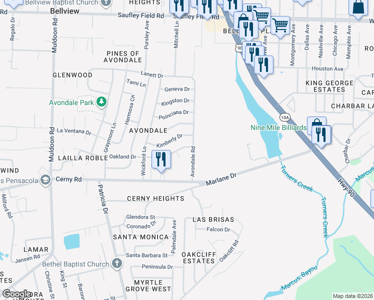 map of restaurants, bars, coffee shops, grocery stores, and more near 4653 Oakland Drive in Pensacola
