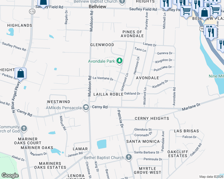 map of restaurants, bars, coffee shops, grocery stores, and more near 4880 Oakland Drive in Pensacola